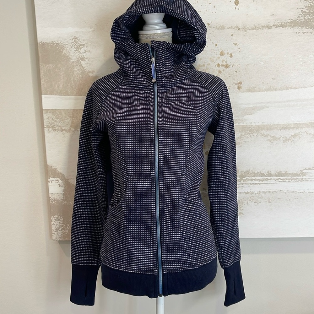 Navy Blue patterned Lululemon Full Zip-Up Hooded Sweatshirt w/ thumbholes Sz 6